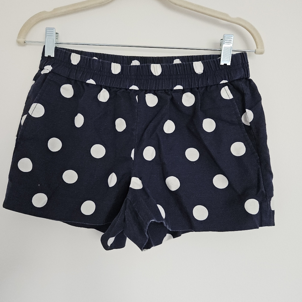 J.Crew Polka Dot Shorts Navy Blue Elastic Waist 4 Linen Blend Pockets